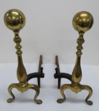 Brass Andirons, marked AAB, 18 1/2
