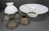 Assorted lighting shades, milk glass and pierced silverplate