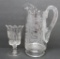 Hunting scene etched glass pitcher and spooner