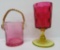 Cranberry glass mini ice bucket and thumb print glass with vasoline stem