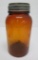 Amber canning Jar, Wan-eta Cocoa Boston, zinc lid, quart, 7 1/4