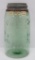 Mason Safe Glass Co Patent Nov 30th 1858, green quart canning jar