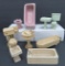 Nine wooden doll house furniture pieces, bathroom fixtures