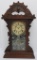 Lovely carved walnut shelf mantle clock, etched door with peacock, working, 24