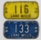 Two vintage Lake Mills bicycle plates, 1965/66 and 1969/70