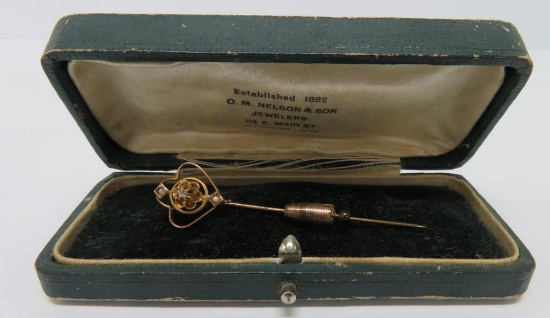 "10K" gold stick pin with diamond and pearl, vintage jewelry box