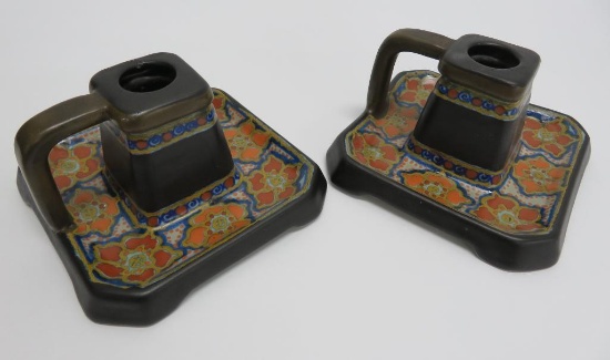 Arts and Crafts style Gouda art pottery candle holders, 3"