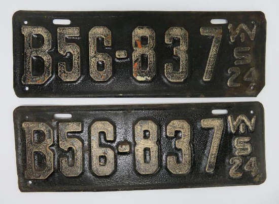 Matching pair of 1924 Wisconsin license plates, black and white, 14"