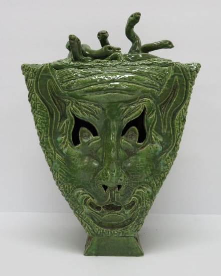 Medusa style pottery face jug , 12 1/2" tall