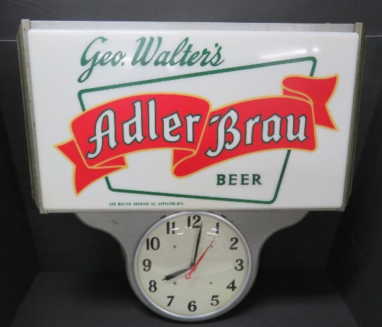 Geo Walter's Adler Brau Beer lighted sign and working clock, 22"