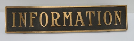 Bronze metal Information sign, 17 1/2" long and 3 3/4" wide, self standing