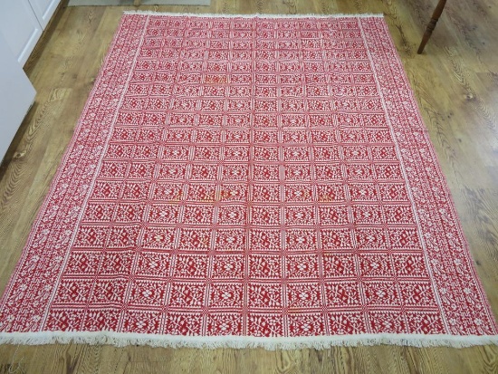 Red and White woven coverlet, floral with fringed ends, 88" x 103"