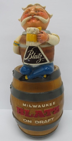 Milwaukee Blatz Beer chalkware barrel man, 14"