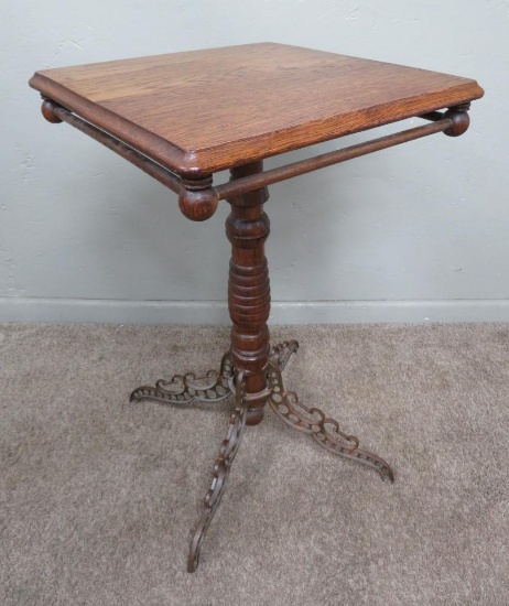 Oak side table with metal legs, 17 1/2" square top, 28" tall