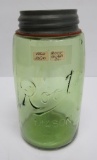 Root Mason quart jar with zinc lid, olive green with some amber swirl