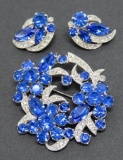 Eisenberg Ice blue rhinestone brooch and matching earrings
