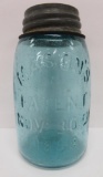 Mason Patent Nov 30 1858 Midget canning jar, blue