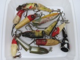 10 vintage fishing lures, some wood