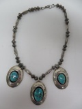 Native American necklace, beaded with turquoise, marked JR with maker mark, 15