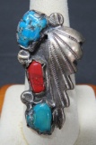 Turquoise and coral ring, size 8 1/4, unmarked setting