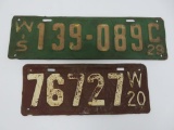 Two 1920's Wisconsin license plates, 1920 and 1929