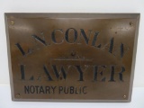 Brass Lawyer sign, LN Conlan Lawyer, 8 1/2