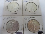 Four Walking Liberty silver half dollars, 1940's