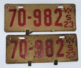 Matching pair of 1923 Wisconsin license plates, 12 1/2