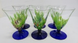 Set of six Murano style stemmed water glasses, millefiori with cobalt stem, 5 1/4