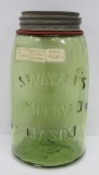 Swayzee's olive green amber improved Mason canning jar, quart