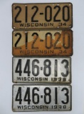 Two pair of Wisconsin license plates, pair of 1938 and pair 1934