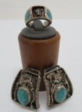 Silver Inlay turquoise watch band, two piece and buffalo head and turquoise ring, size 8 1/4