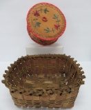 Two Native American baskets woven and Margaret Hill birch bark embroidered
