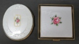 Two Guilloche compacts, white with roses, Evans and oval