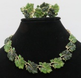Lisner green oak leaf necklace and bracelet set