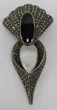 Art Deco style sterling pin, marcasite and inlay stone, 3