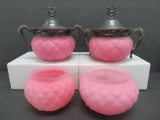Four pieces of pink satin glass, two covered bowls and two open top bowls
