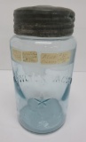 Knowlton Vacuum Fruit Jar, lovely blue, all original, quart