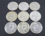 Nine Silver Franklin half dollars