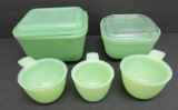 Fire King Jadeite kitchen covered dishes and 3 measuring cups