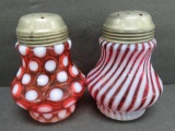 Two cranberry patterned sugar shakers, 5