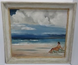 1955 Erna Bohne oil painting, beach landscape with woman, framed 29 1/2