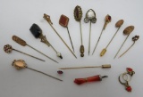 13 vintage stick pins, one pendant and earrings, 2 1/4