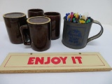 Pabst advertising, and bar items, stoneware mugs, metal beer mug, swizzle sticks and wooden sign