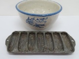 Stoneware blue decorated mixing bowl and Leiter crispy corn stick pan