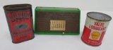 Northwestern Railroad perpetual calendar and automotive tins, Shell and Blue Ribbon