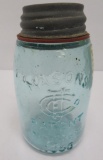 Mason's Consolidated Glass Company midget jar, 1858, aqua