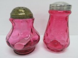Two Cranberry glass sugar shakers, coin dot and spot, 4 3/4