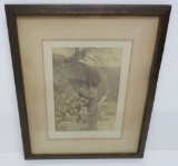 Framed Stork print with babies on lily pads, 16
