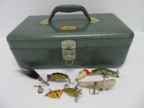 Seven vintage fishing lures with Simonsen metal tackle box